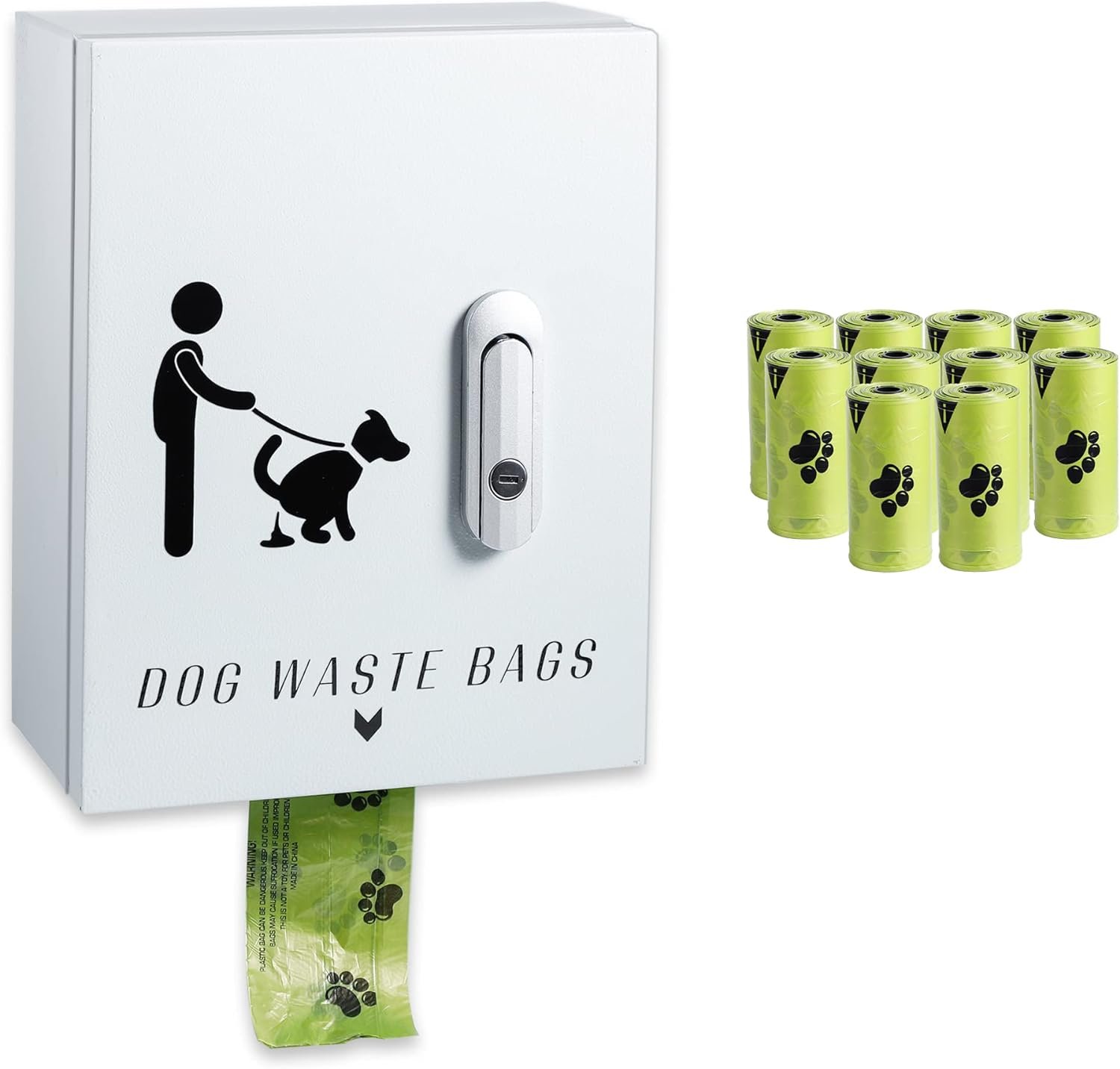 Outdoor Dog Poop Bag Dispenser for Yard, Wall Mount Metal Waste Bag Dispenser with Lock， Waterproof Doggy Bag Holder for Pet Waste Stations， Holds 20 Rolls Dog Waste Bags（Gray）