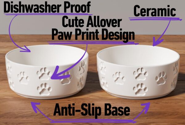 71tSMKRbfhL._AC_SL1500 Ceramic Dog Bowl Set with Anti-Slip Rings – 5″ Round x 2″ Tall Set of 2 Ceramic Dog Bowls for Small Dogs – Small Dog Bowls – Dog Food and Water Bowl – White Dog Food Bowls – Dog Bowls Small Size Dog
