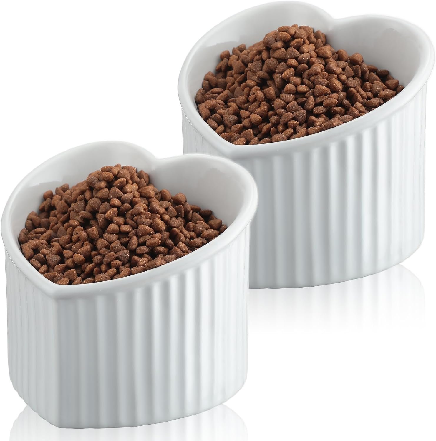 2 Pcs Ceramic Elevated Cat Bowls Tilted Elevated Raised Cat Bowls Anti Vomit Cat Bowls for Indoor Cats Stress Free Water Dish Feeder for Cats Puppies, Heart Shaped(Pearly White)