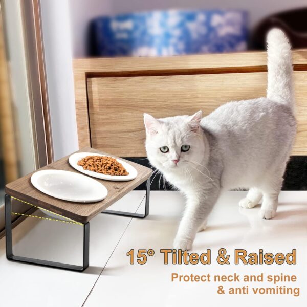 71wD51GKgSL._AC_SL1500 Ceramic Elevated Cat Bowls, Raised Puppy Dishes for Food and Water, Tilted Bamboo Stand for Anti Vomiting, Indoor 5.5 inch Wide Double Dish Orthopedic Anti-Vomiting (Brown)