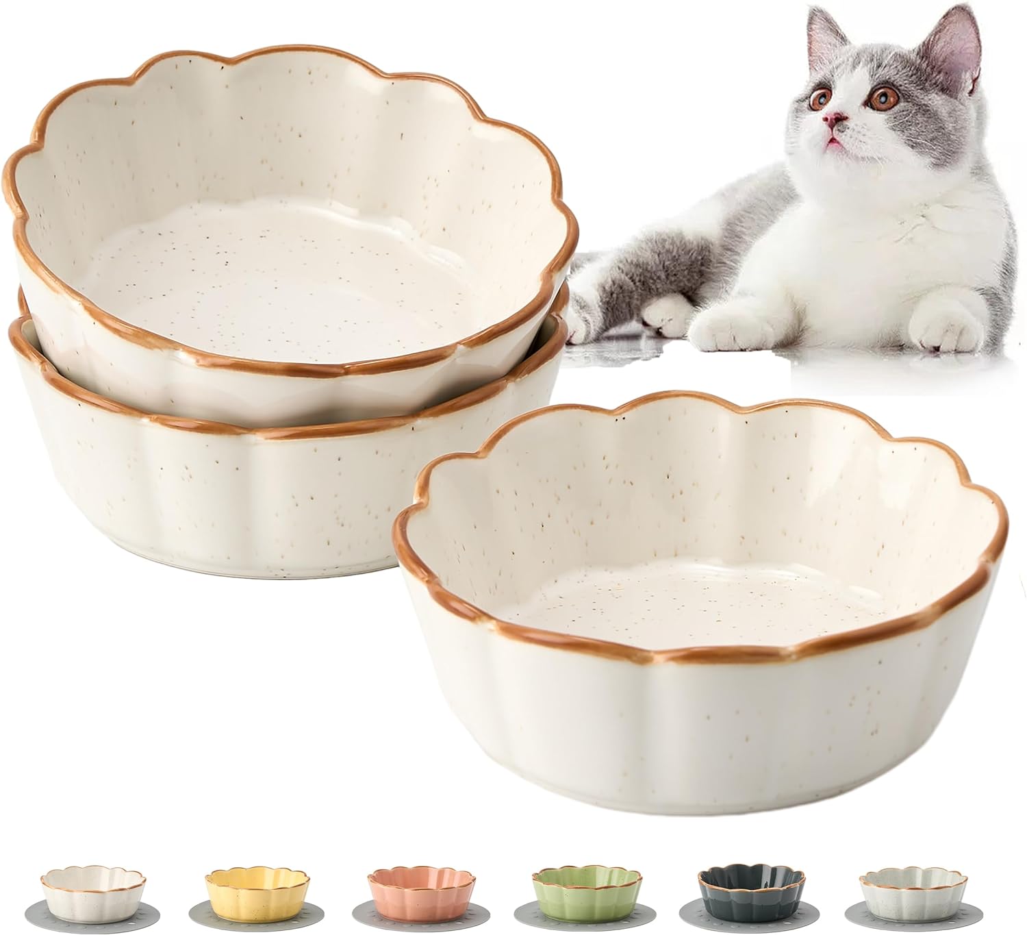 SIDUCAL Cat Bowls – 3 Pieces Cat Food Bowl Cat Dishes with Silicone Non-Slip Mats, 5 Inches Cat Bowls for Indoor Cats, Ceramic Cat Food and Water Bowl Set Gift for Pet Lovers – White