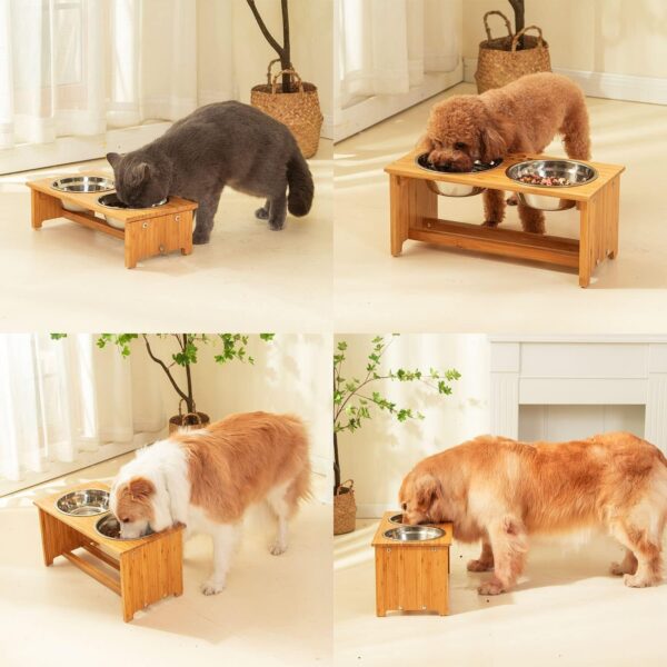 71xnwca5dML._AC_SL1500 FOREYY Raised Pet bowls for Cats and Small Dogs, Bamboo Elevated Dog Cat Food and Water Bowls Stand Feeder with 2 Stainless Steel Bowls and Anti Slip Feet (4” Tall-20 oz bowl)