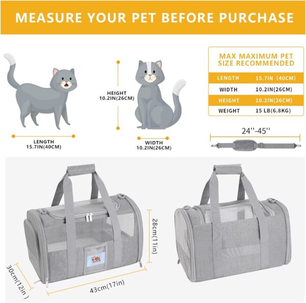 71yLxDGbtyL._AC_SL1500 Pet Carrier Airline/TSA Approved Small Dogs, Kitten, Carriers for Small Medium Cats Under 15lb, Collapsible Soft Sided Cat Travel Carrier-Grey