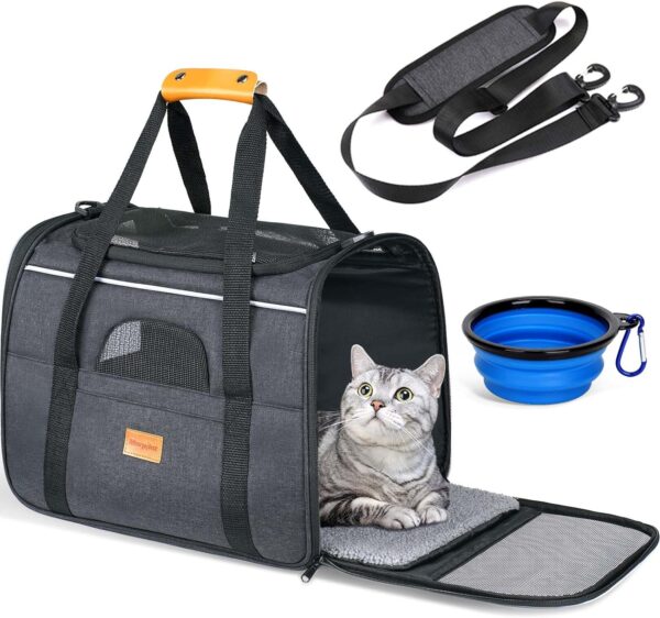 Morpilot Cat Carrier – Soft Sided Cat Carrier Large for Big Medium Cats and Puppy up to 15lbs, Pet Carrier with Safety Zippers, Foldable Bowl, Airline Approved Large Cat Carrier – Dark Gray
