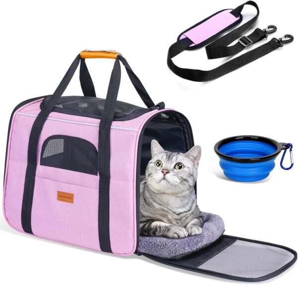 Morpilot Cat Carrier – Soft Sided Cat Carrier Large for Big Medium Cats and Puppy up to 15lbs, Pet Carrier with Safety Zippers, Foldable Bowl, Airline Approved Large Cat Carrier – Dark Gray