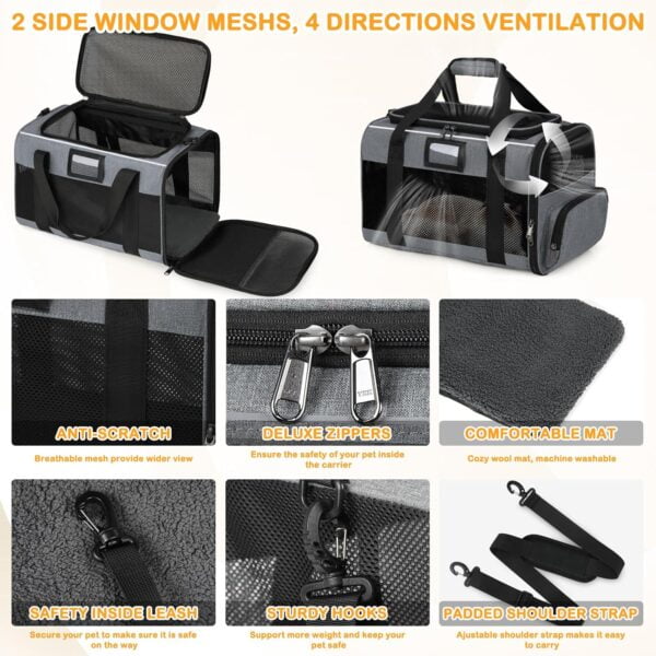 81HpgPuXAaL._AC_SL1500 Cat Carrier, Cat Carrier Soft with Foldable Bowl, Pet Carrier Cat Carrier Hard Fits 15 lbs Medium Big Cats and Puppy, Dog Carriers for Small Dogs, Airline Approved Cat Travel Bag Grey