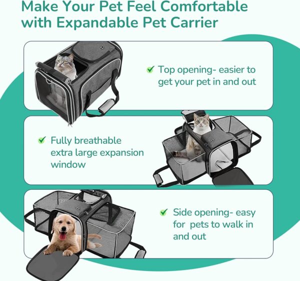 Pet Carrier, Cat Carrier, Airline Approved 2 Sides Expandable, Soft Sided, Durable, Easy to Carry, and More Breathable, Perfect for Puppy and Cats, Grey