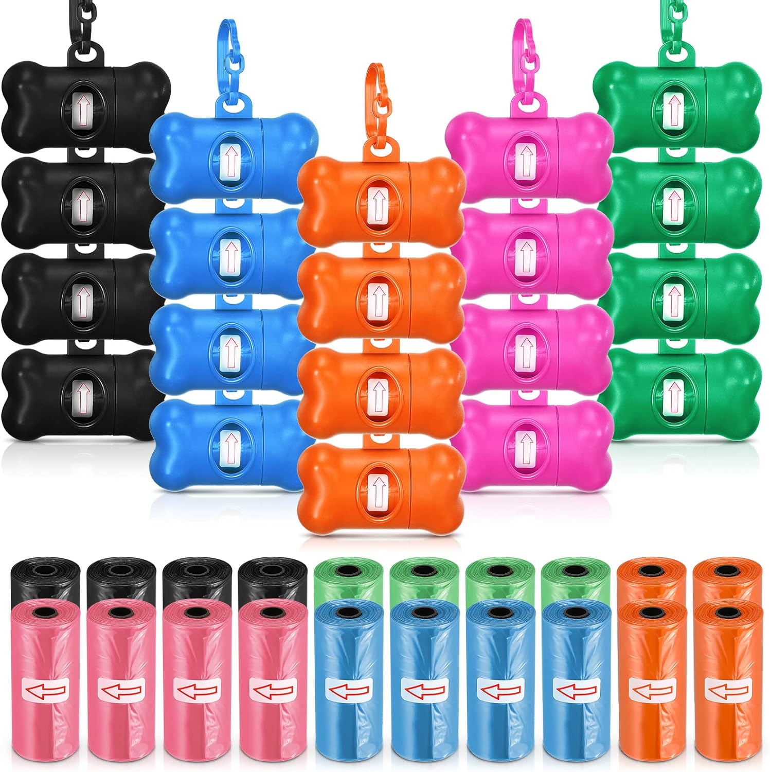 81YHAR4rEUL._AC_SL1500 20 Pack Bone Shaped Poop Waste Bag Dispenser Dog Poop Waste Bag Holder Container with Clip Design Leakproof Dog Pet Waste Disposal Bags Doggy Cats Waste Bags for Outdoor Pet Supplies, 5 Colors