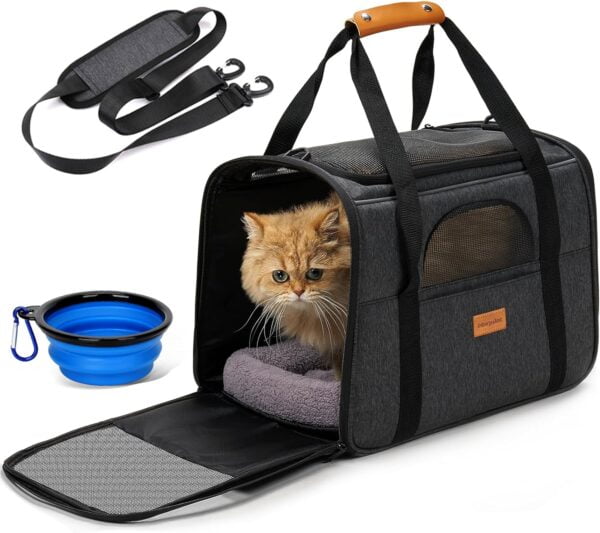 Morpilot Cat Carrier – Soft Sided Cat Carrier Large for Big Medium Cats and Puppy up to 15lbs, Pet Carrier with Safety Zippers, Foldable Bowl, Airline Approved Large Cat Carrier – Dark Gray